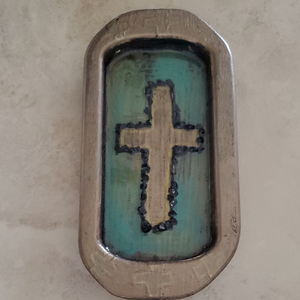 Bronze and Teal Cross Acacia Prayer Bowl Nwot